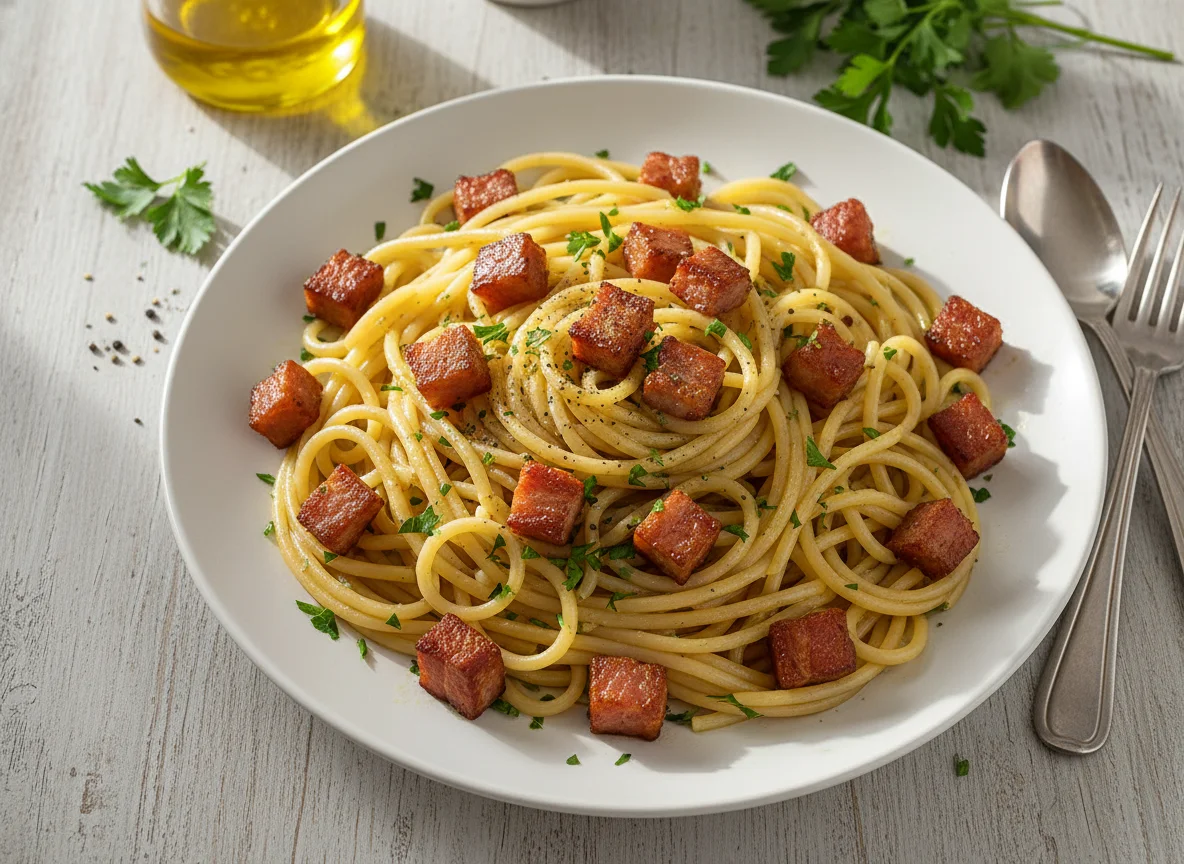 Pasta con panceta y perejil photo