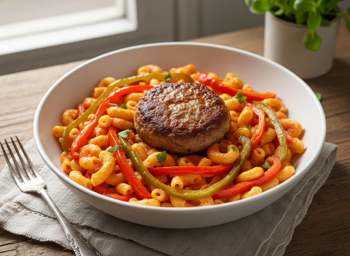 Pasta con pimientos y tortita de carne photo
