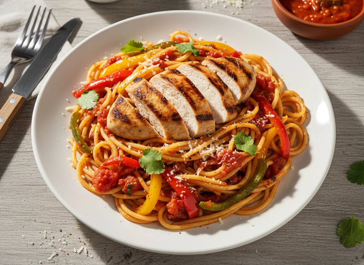 Pasta con pollo a la plancha y verduras photo