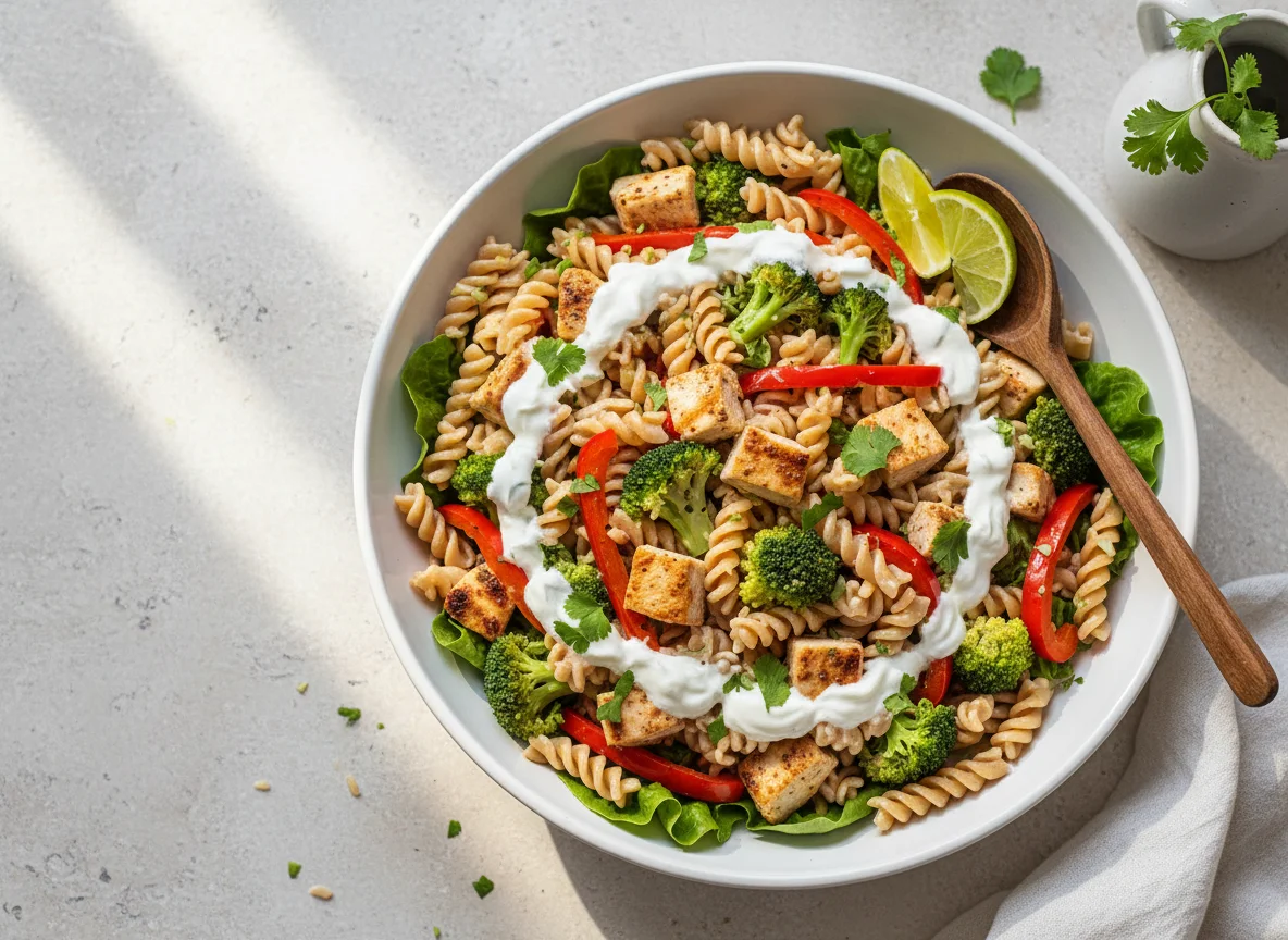 Pasta con pollo, brócoli y pimiento photo