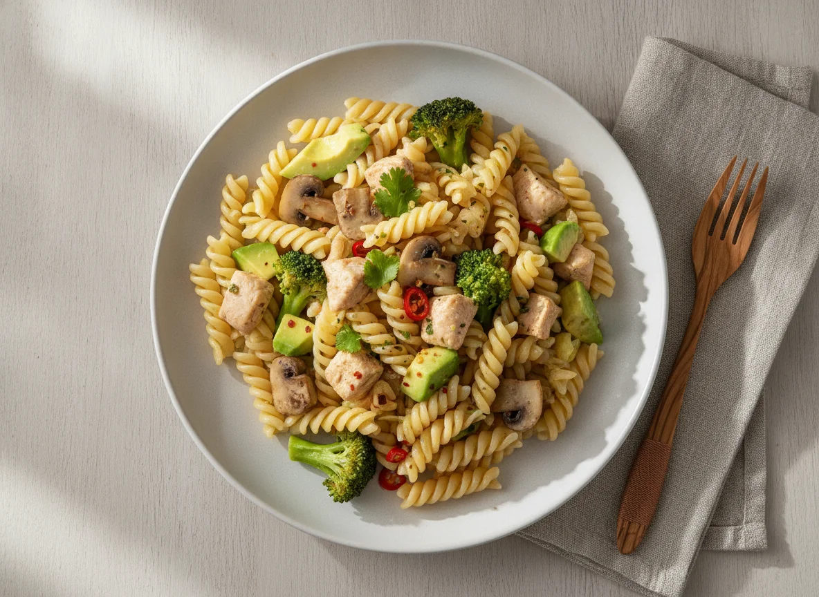 Pasta con pollo, champiñones, brócoli y aguacate photo