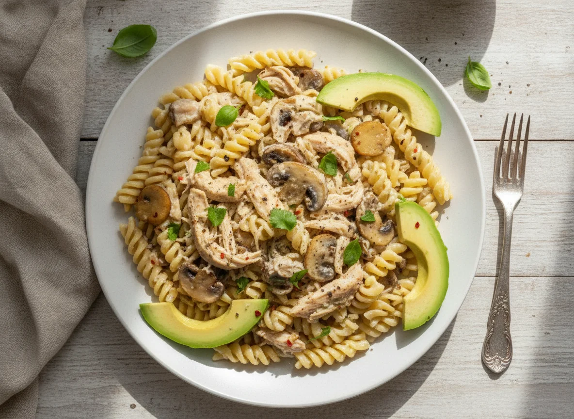 Pasta con pollo, champiñones y aguacate photo