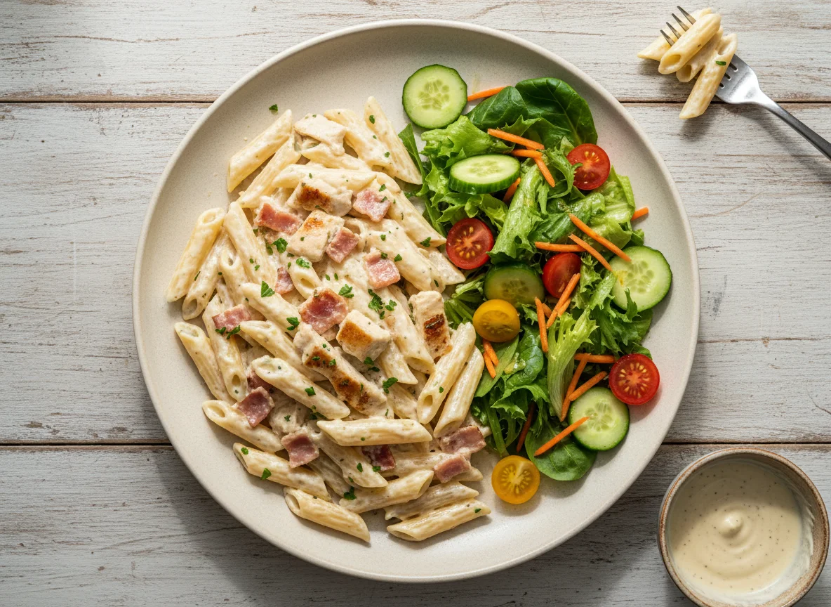 Pasta con pollo cremoso y ensalada photo