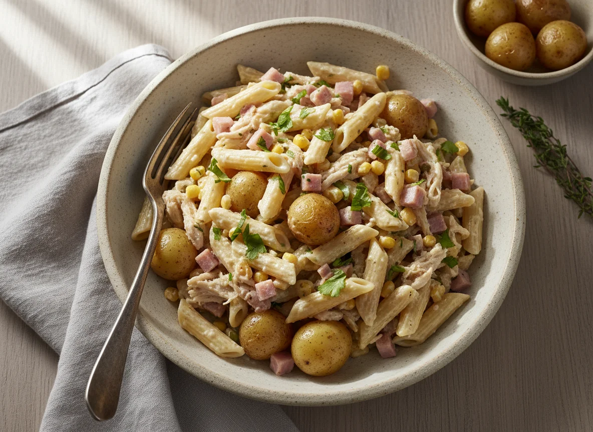Pasta con pollo deshebrado y papa cambray photo