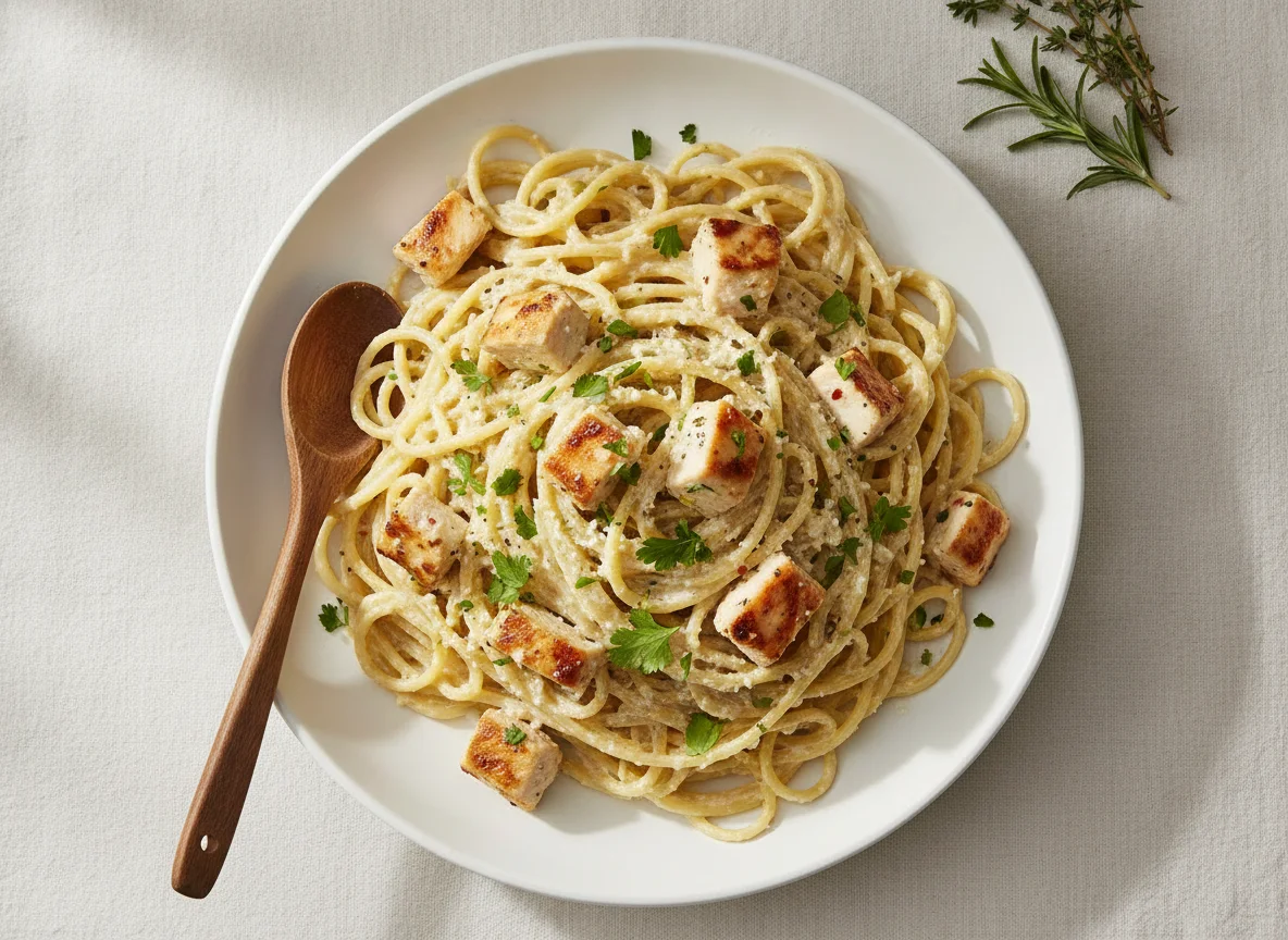 Pasta con pollo en salsa cremosa photo