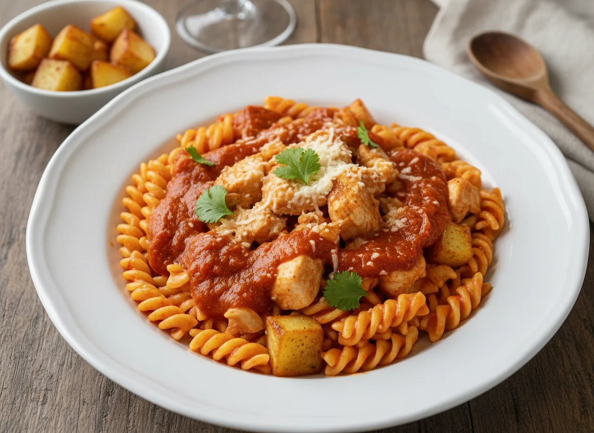 Pasta con pollo en salsa roja photo