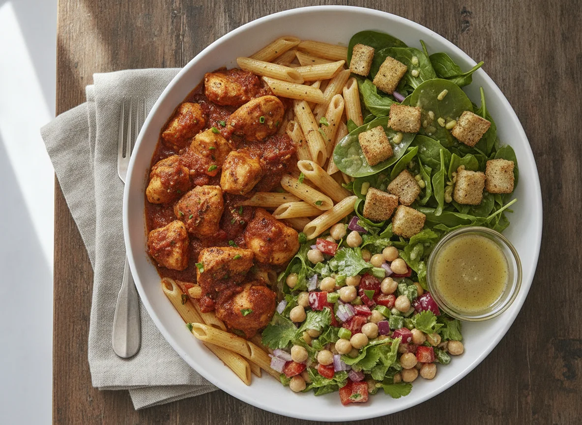 Pasta con pollo, garbanzos y ensalada photo