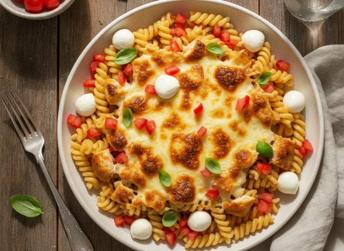 Pasta con pollo gratinado y mozzarella photo