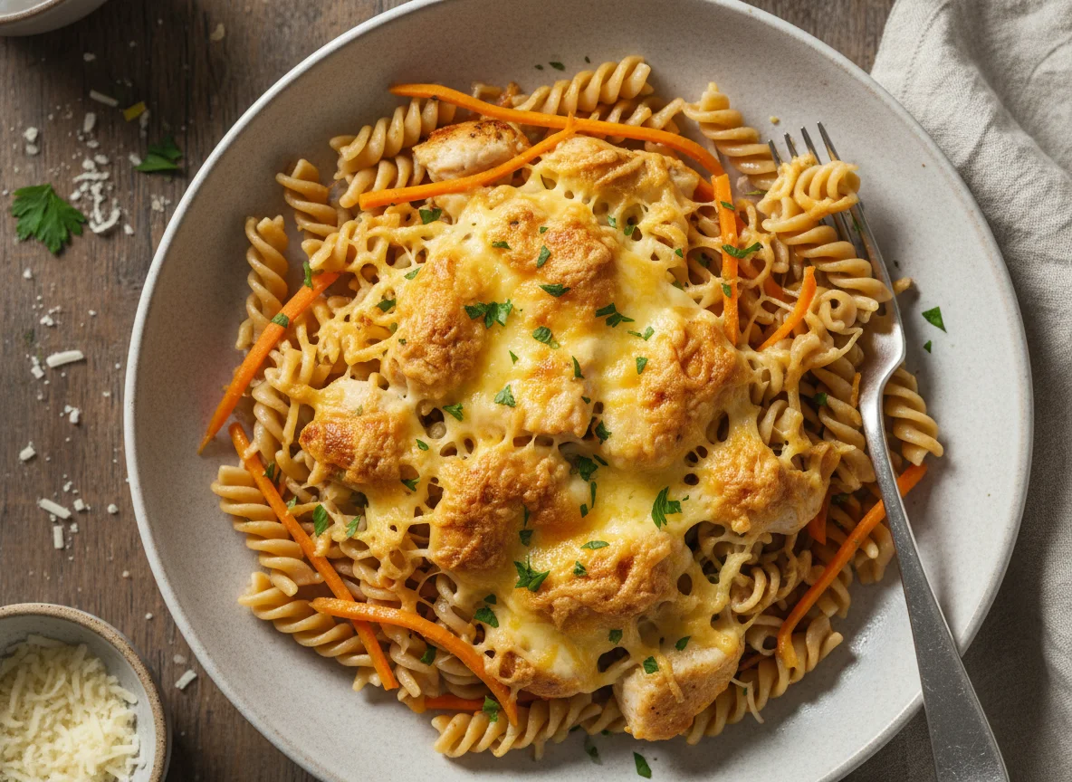 Pasta con pollo gratinado y zanahoria photo
