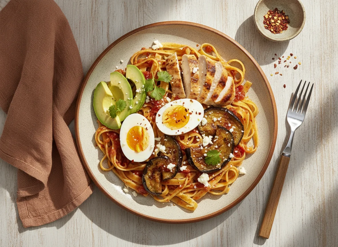 Pasta con pollo, huevo, aguacate y berenjena en salsa photo