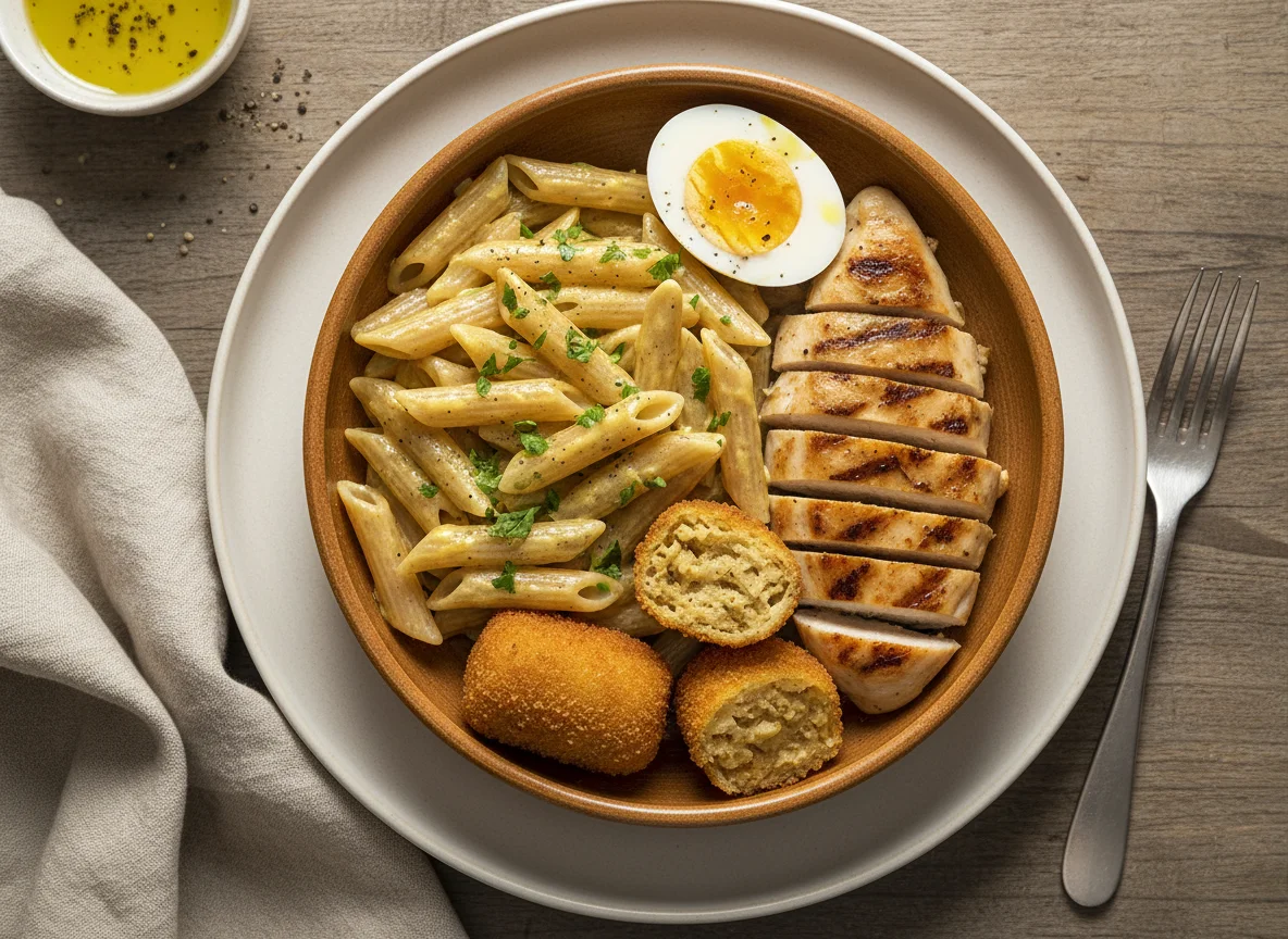 Pasta con pollo, huevo y croqueta photo