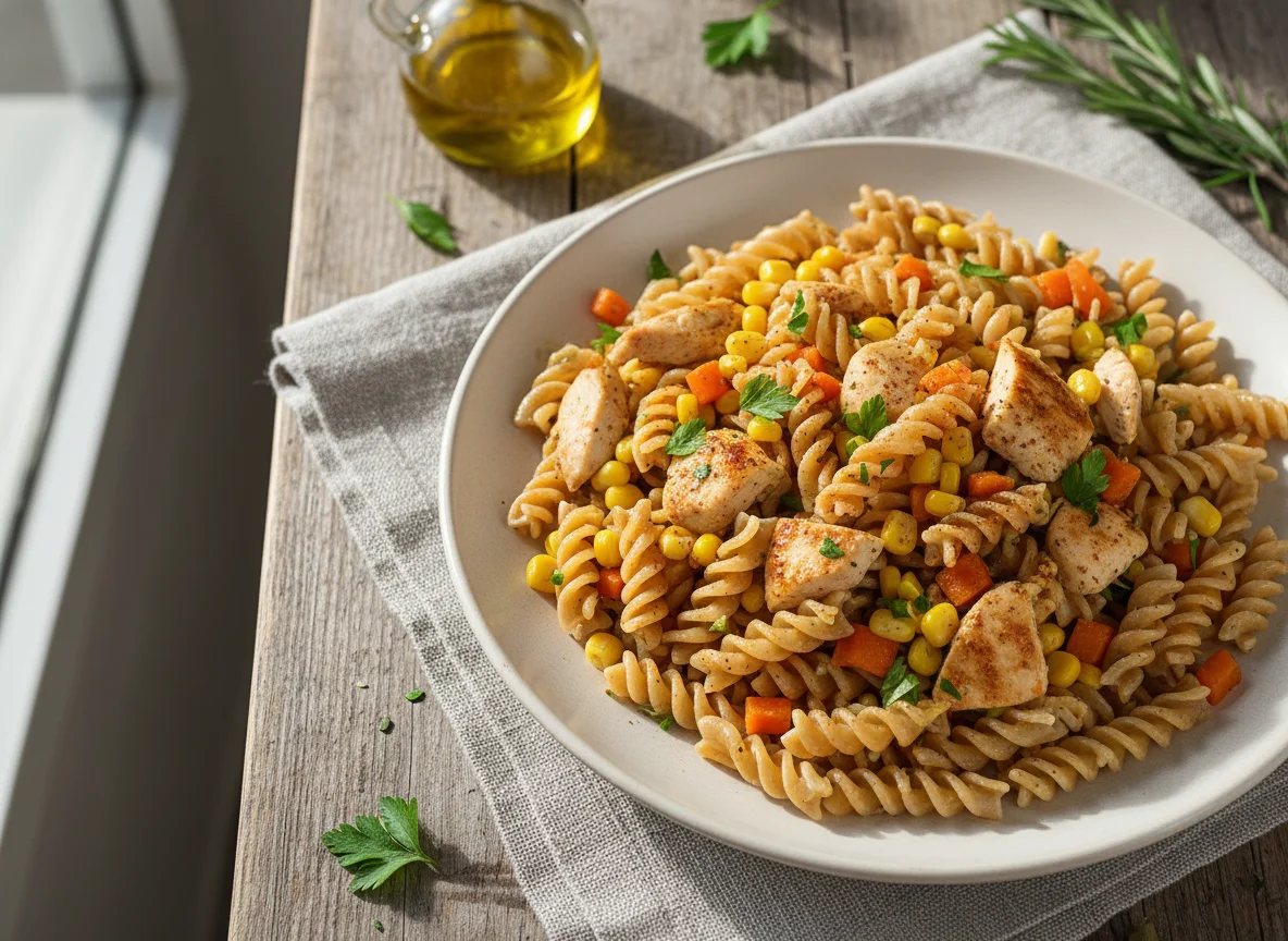 Pasta con pollo, maíz y zanahoria photo