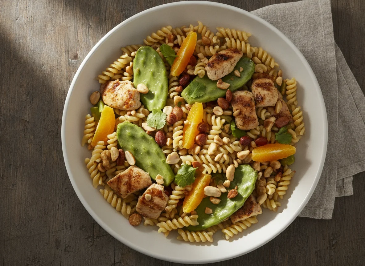 Pasta con pollo, nopales y frutos secos photo
