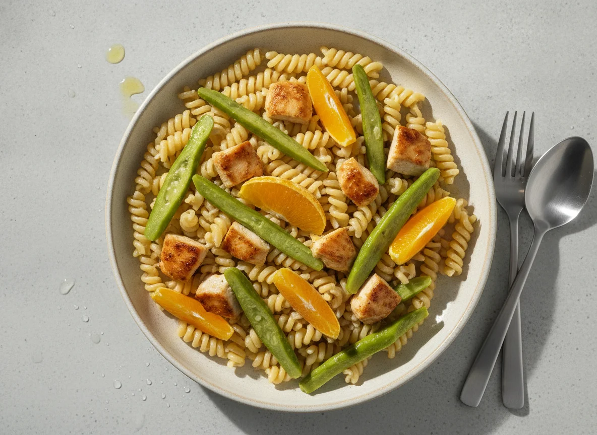 Pasta con pollo, nopales y naranja photo