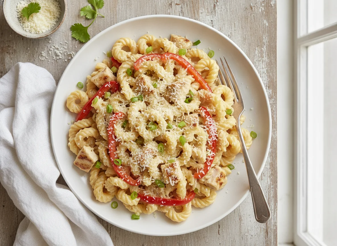 Pasta con pollo, pimientos y queso photo