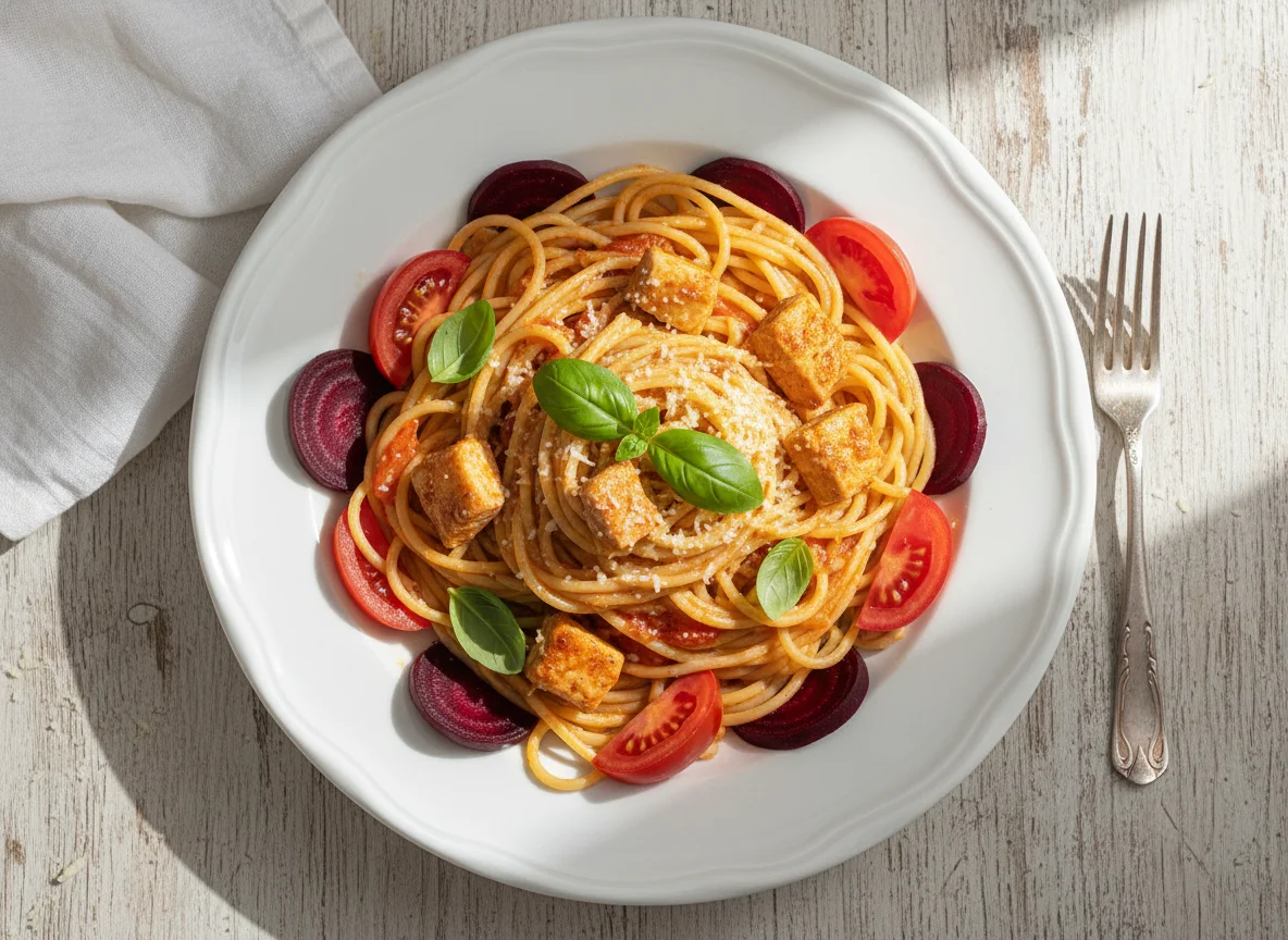 Pasta con pollo, remolacha y tomate photo