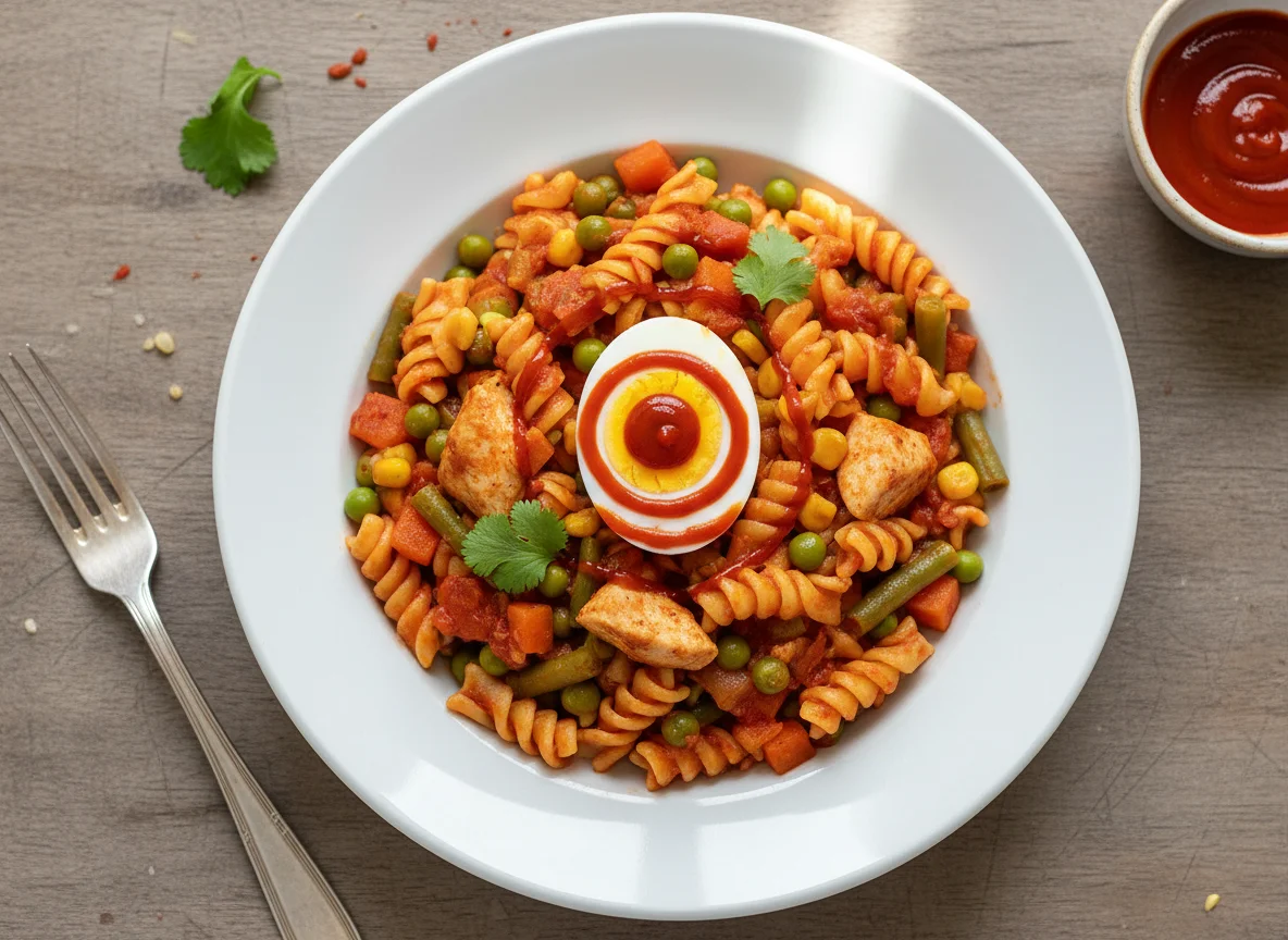 Pasta con pollo, verduras y huevo photo