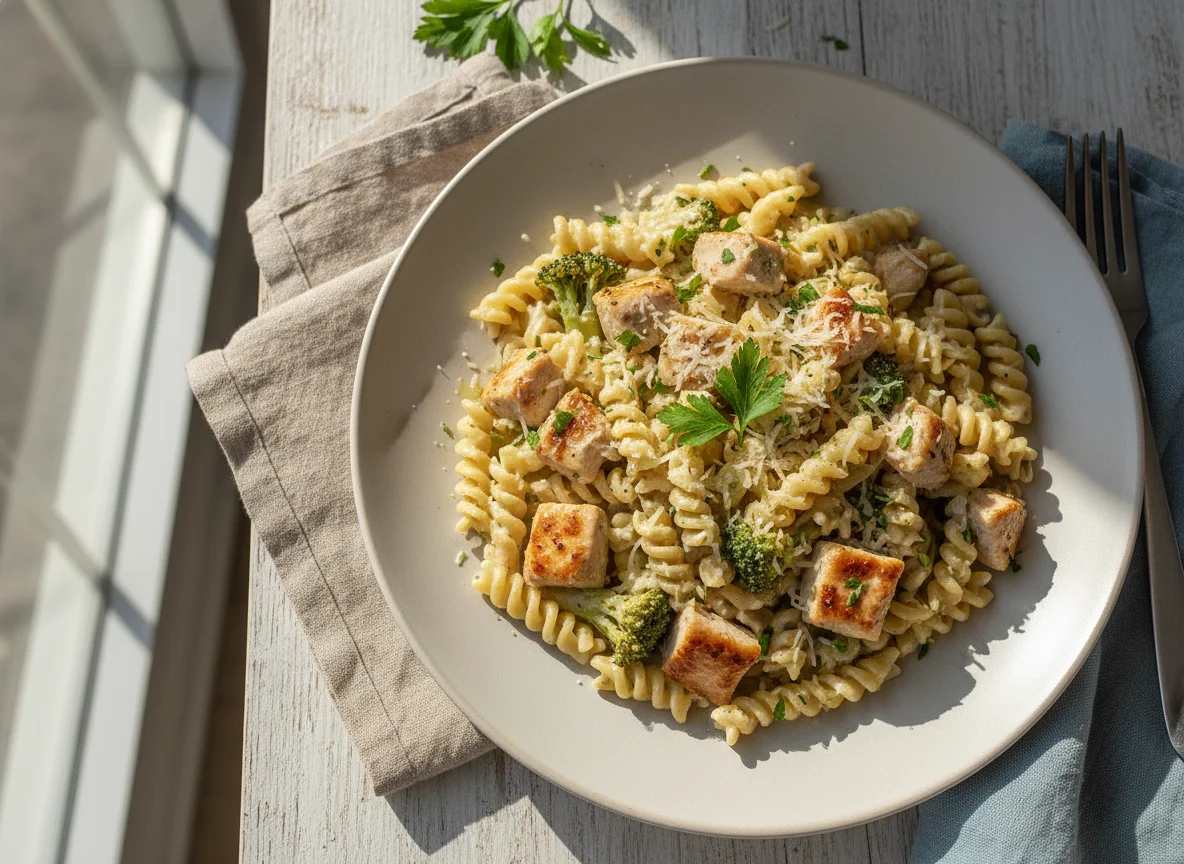 Pasta con pollo y brócoli en salsa cremosa photo