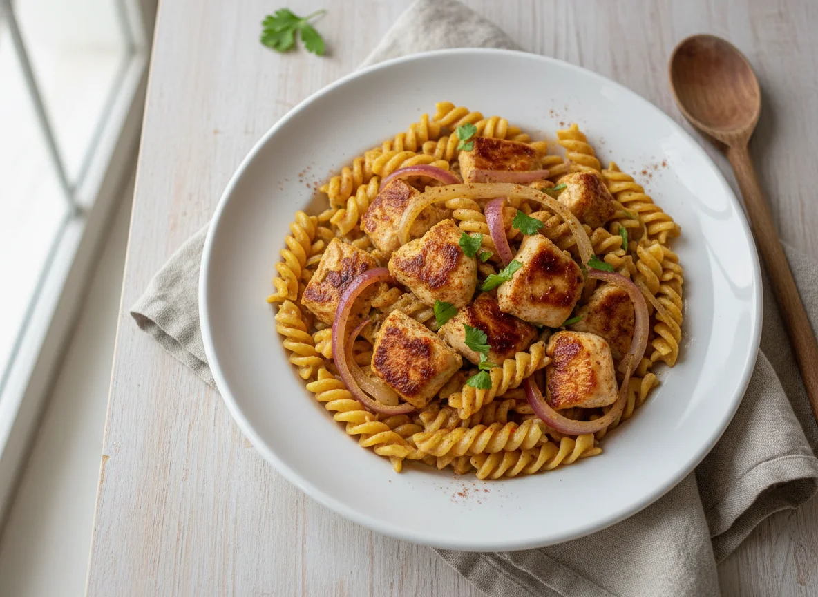 Pasta con pollo y cebolla photo