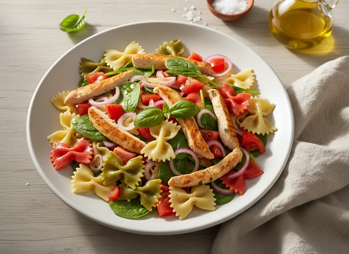 Pasta con pollo y ensalada photo