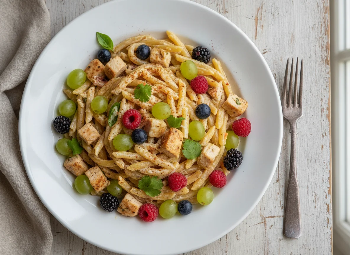 Pasta con pollo y frutos rojos photo