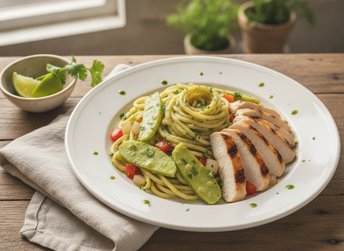 Pasta con pollo y nopales photo