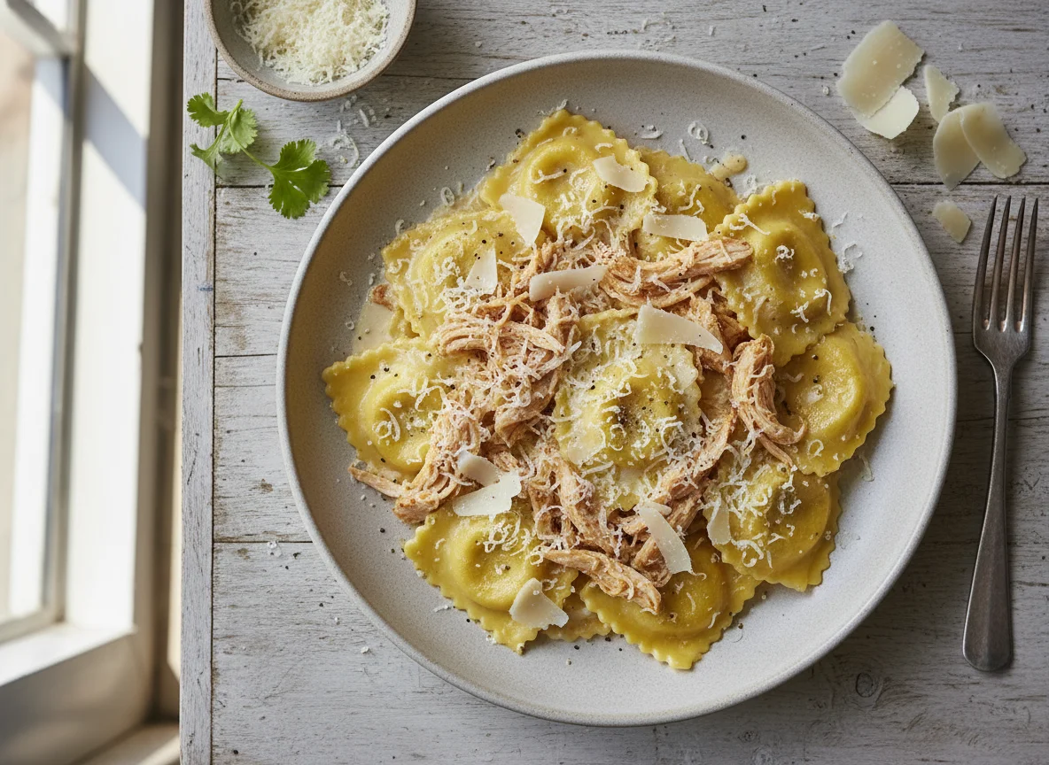 Pasta con pollo y queso parmesano photo
