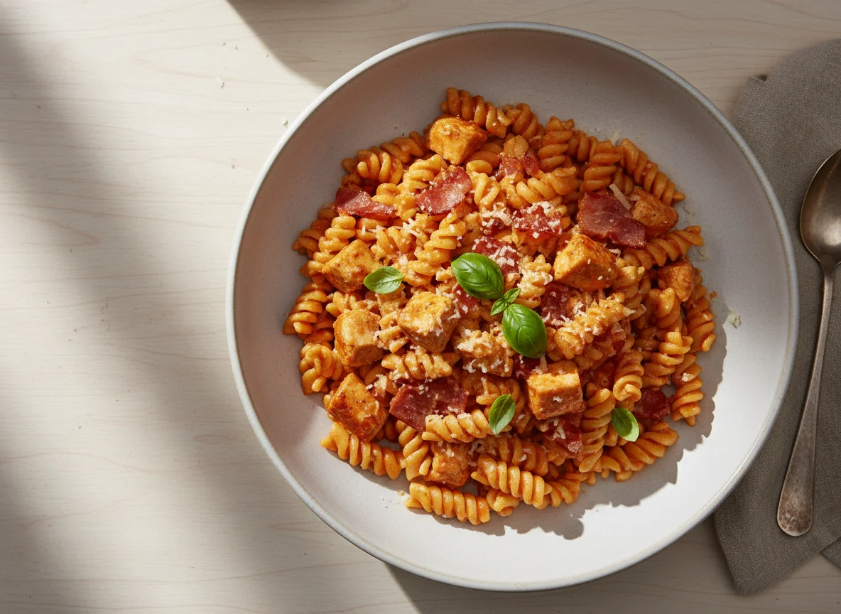 Pasta con pollo y salsa cremosa de tomate photo