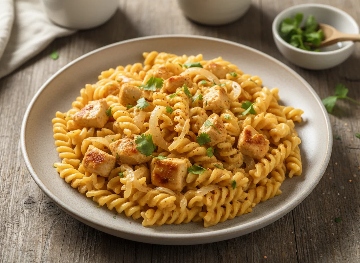 Pasta con pollo y salsa cremosa photo