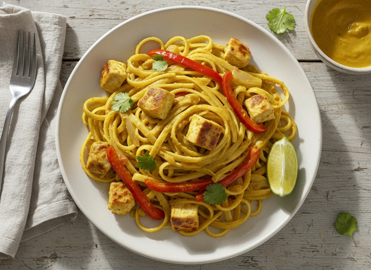 Pasta con pollo y salsa de curry photo