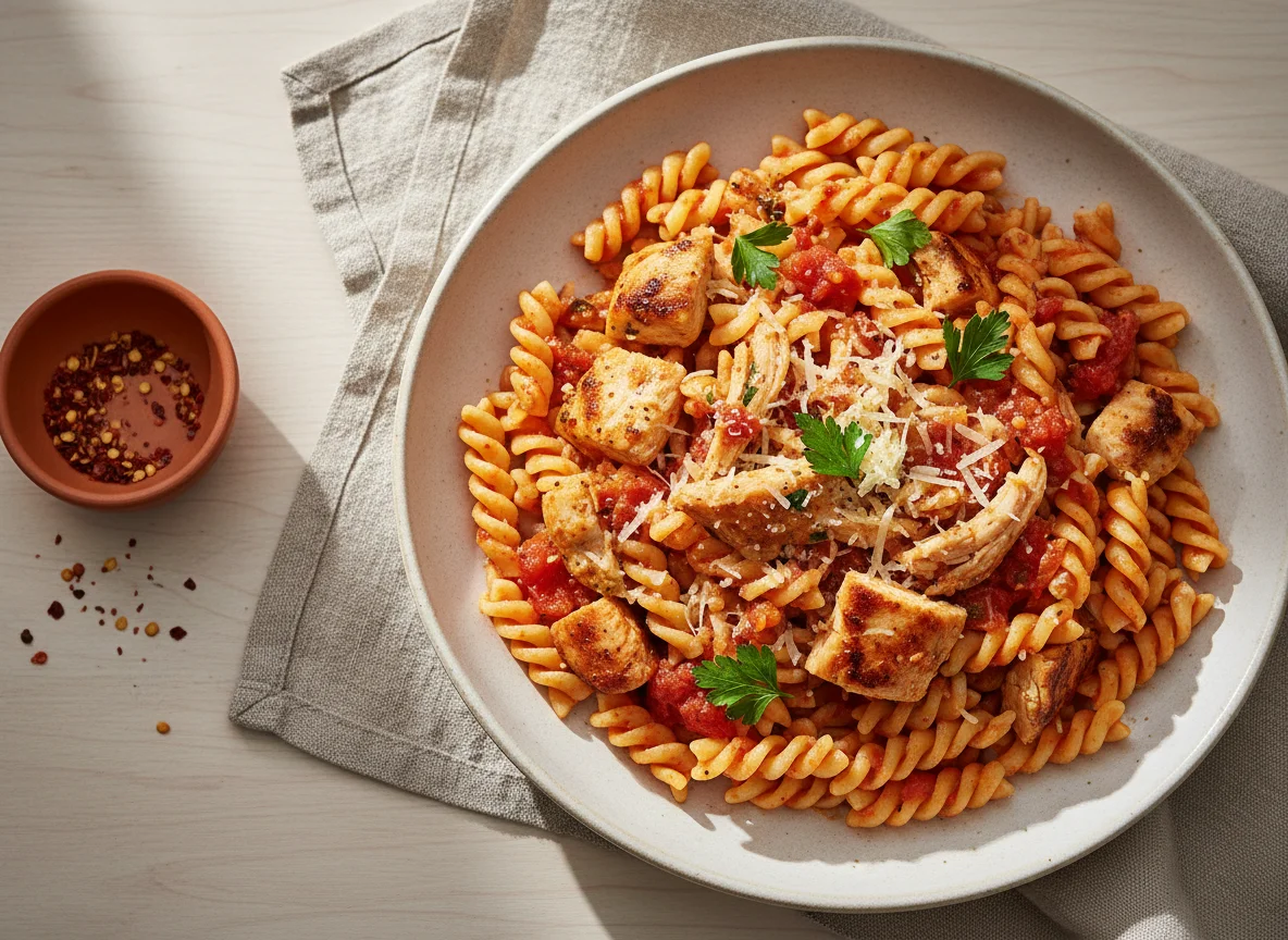 Pasta con pollo y salsa de tomate photo