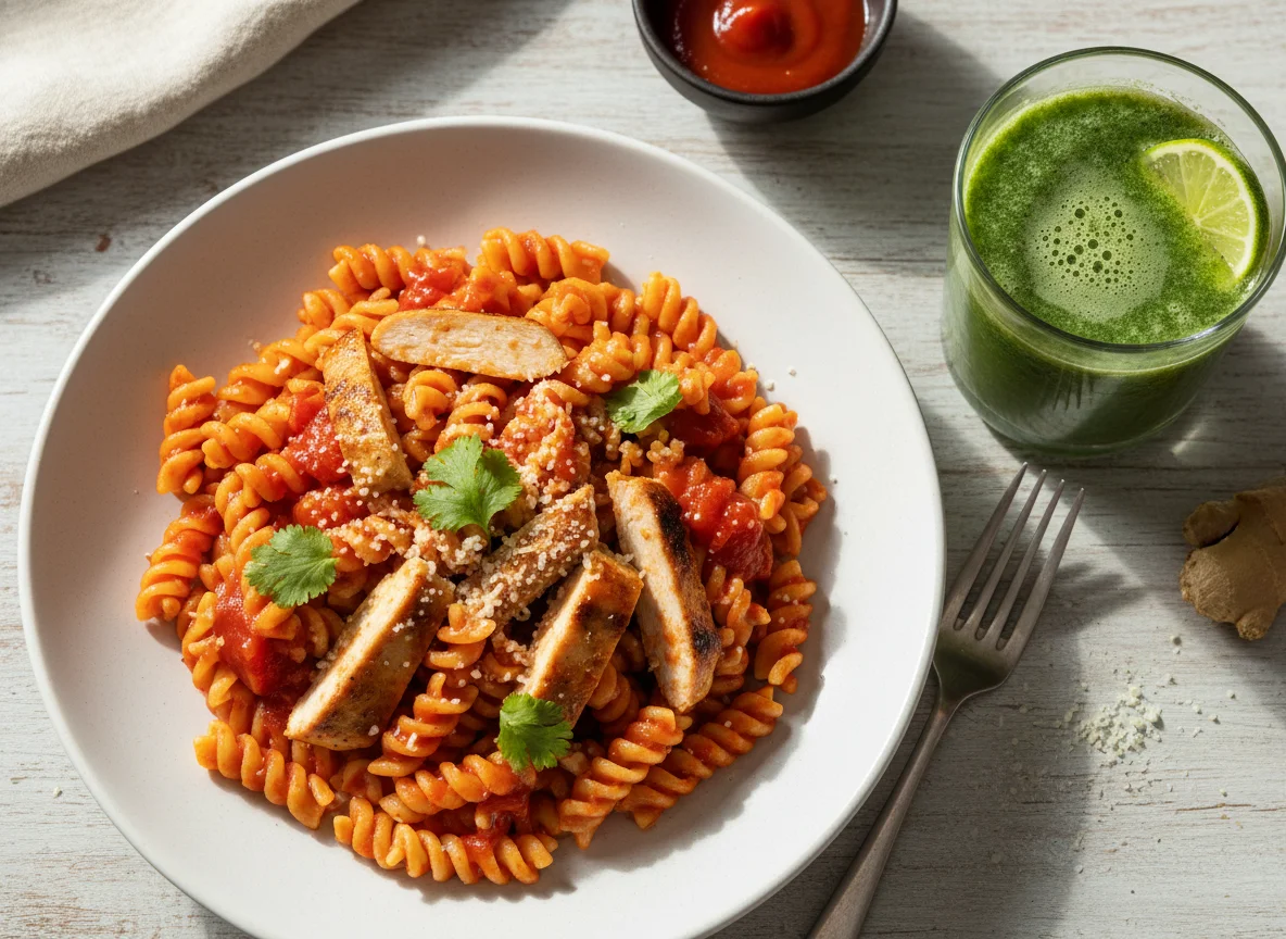 Pasta con pollo y salsa de tomate, con jugo verde photo