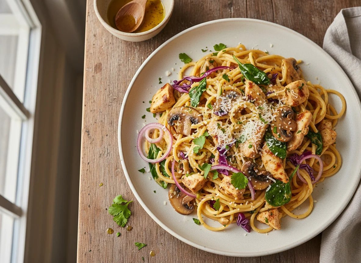 Pasta con pollo y vegetales photo