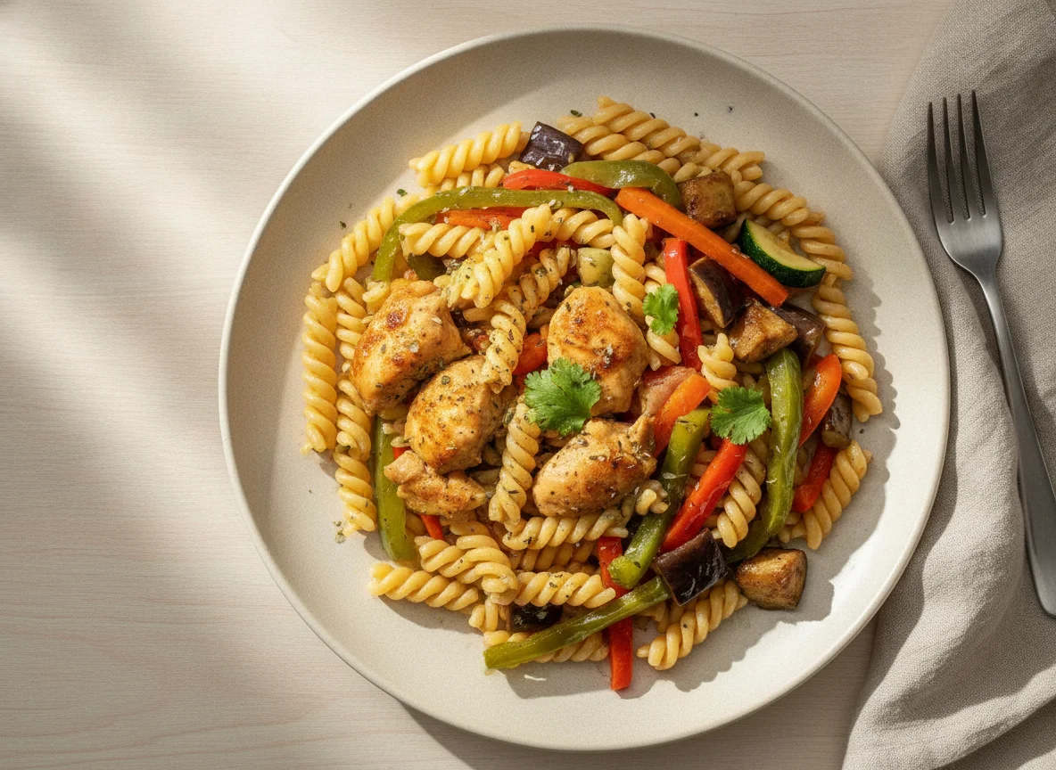 Pasta con pollo y vegetales salteados photo