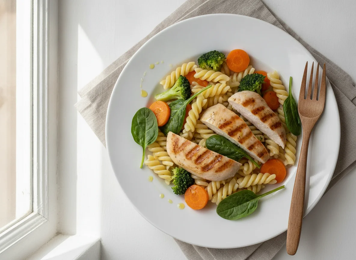 Pasta con pollo y verduras al vapor photo