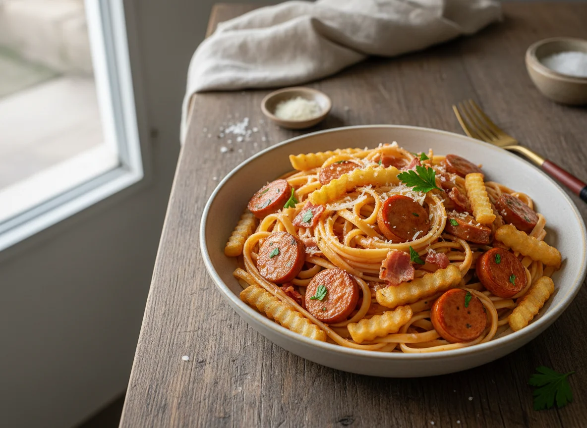 Pasta con salchichas, papas fritas y tocino photo