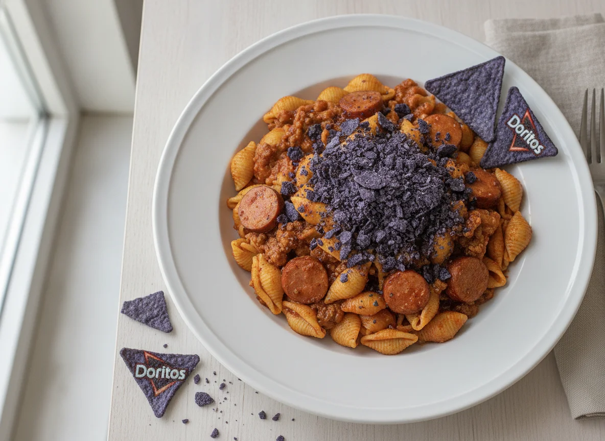 Pasta con salchichas y Doritos photo