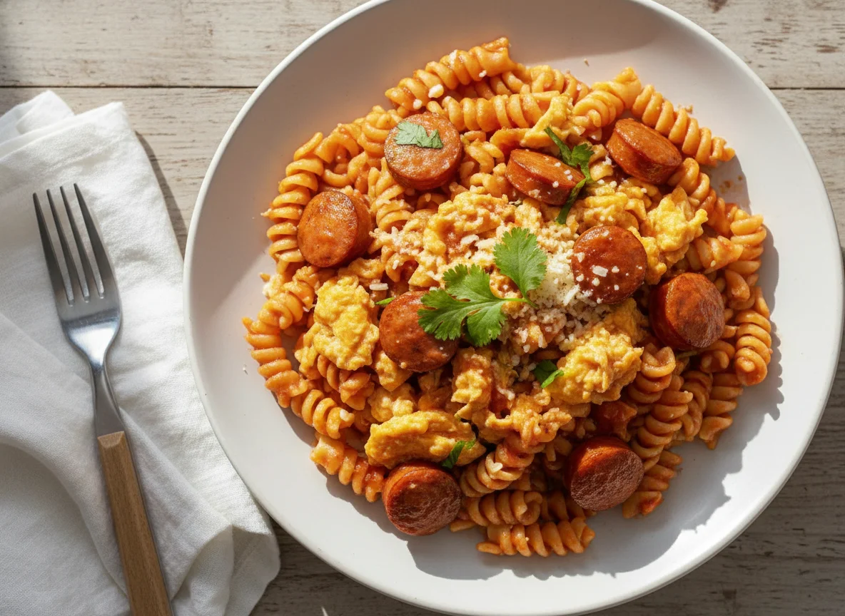 Pasta con salchichas y huevos revueltos photo