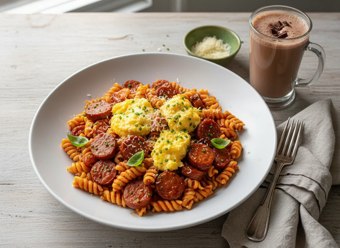 Pasta con salchichas y huevos revueltos con bebida de chocolate photo