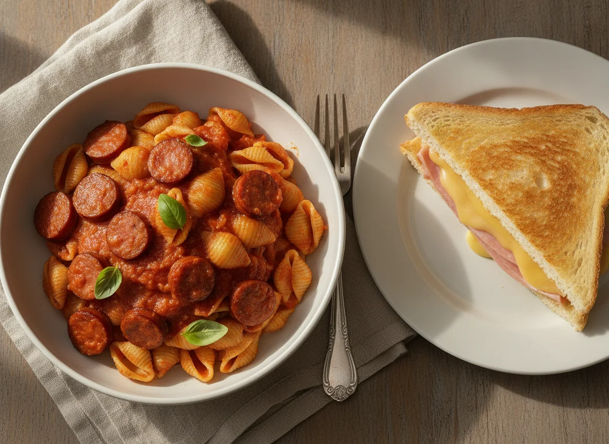 Pasta con salchichas y sándwich de jamón y queso photo