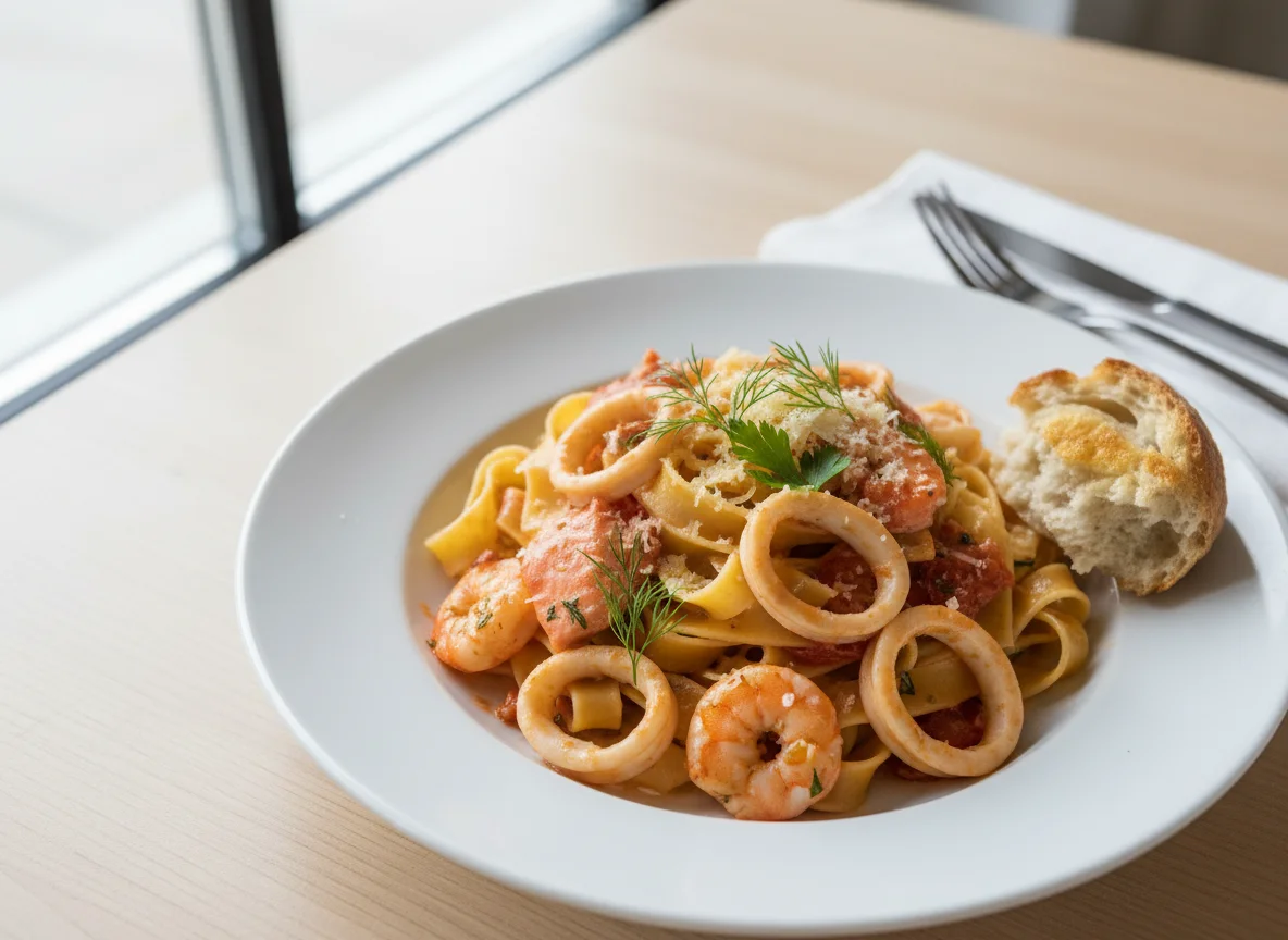 Pasta con salmón y mariscos en salsa cremosa de tomate photo