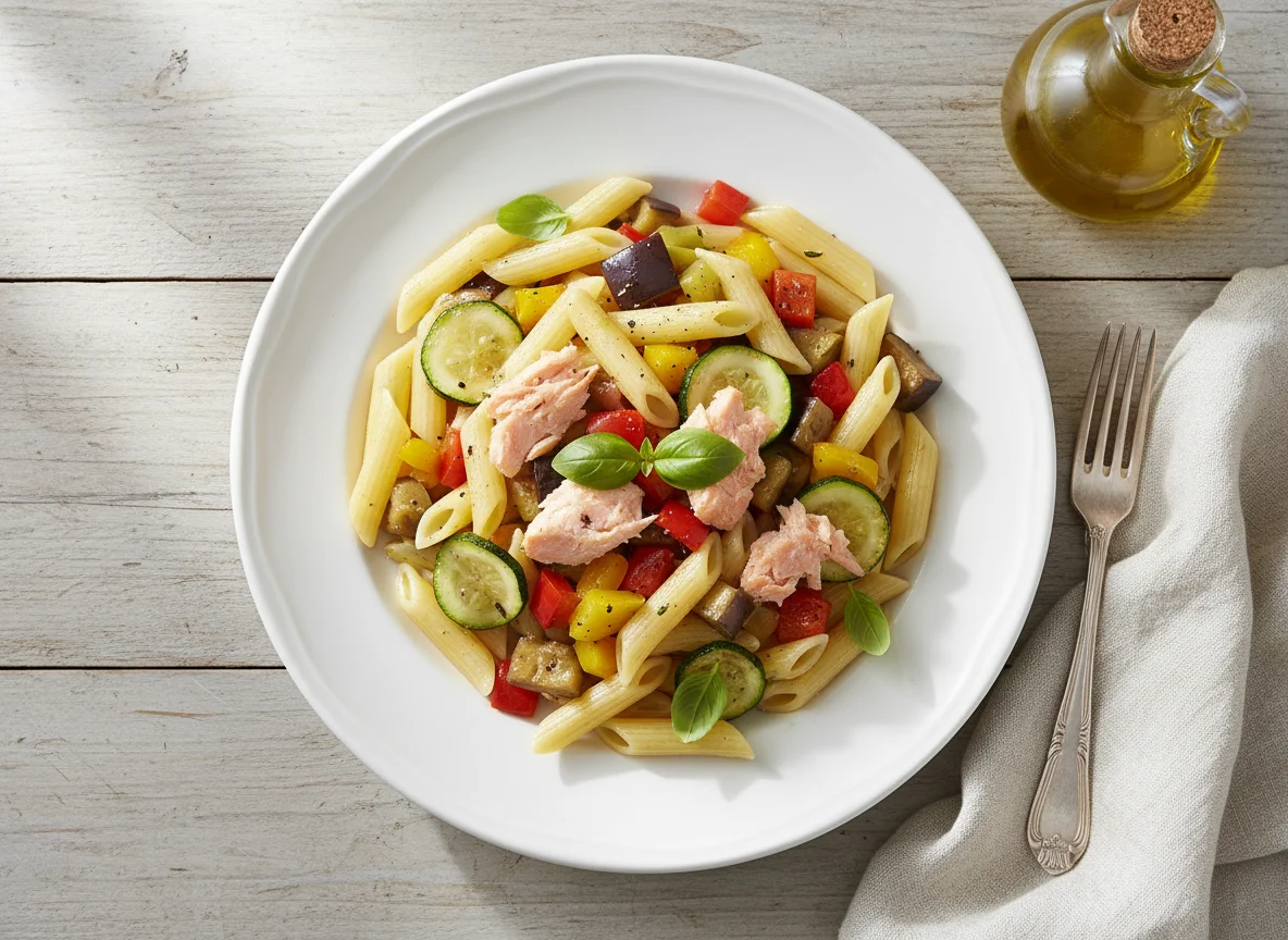 Pasta con salmón y verduras photo