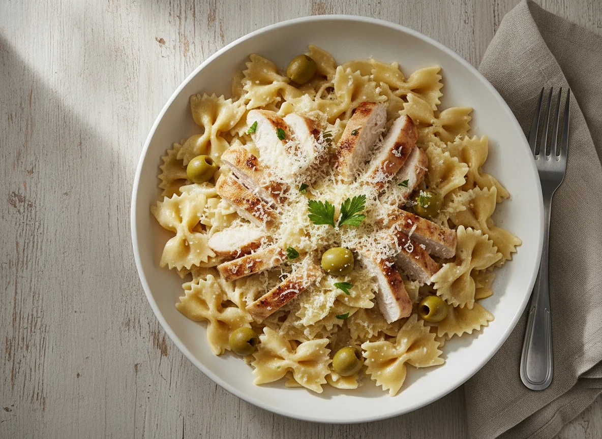 Pasta con salsa blanca, pollo y aceitunas photo