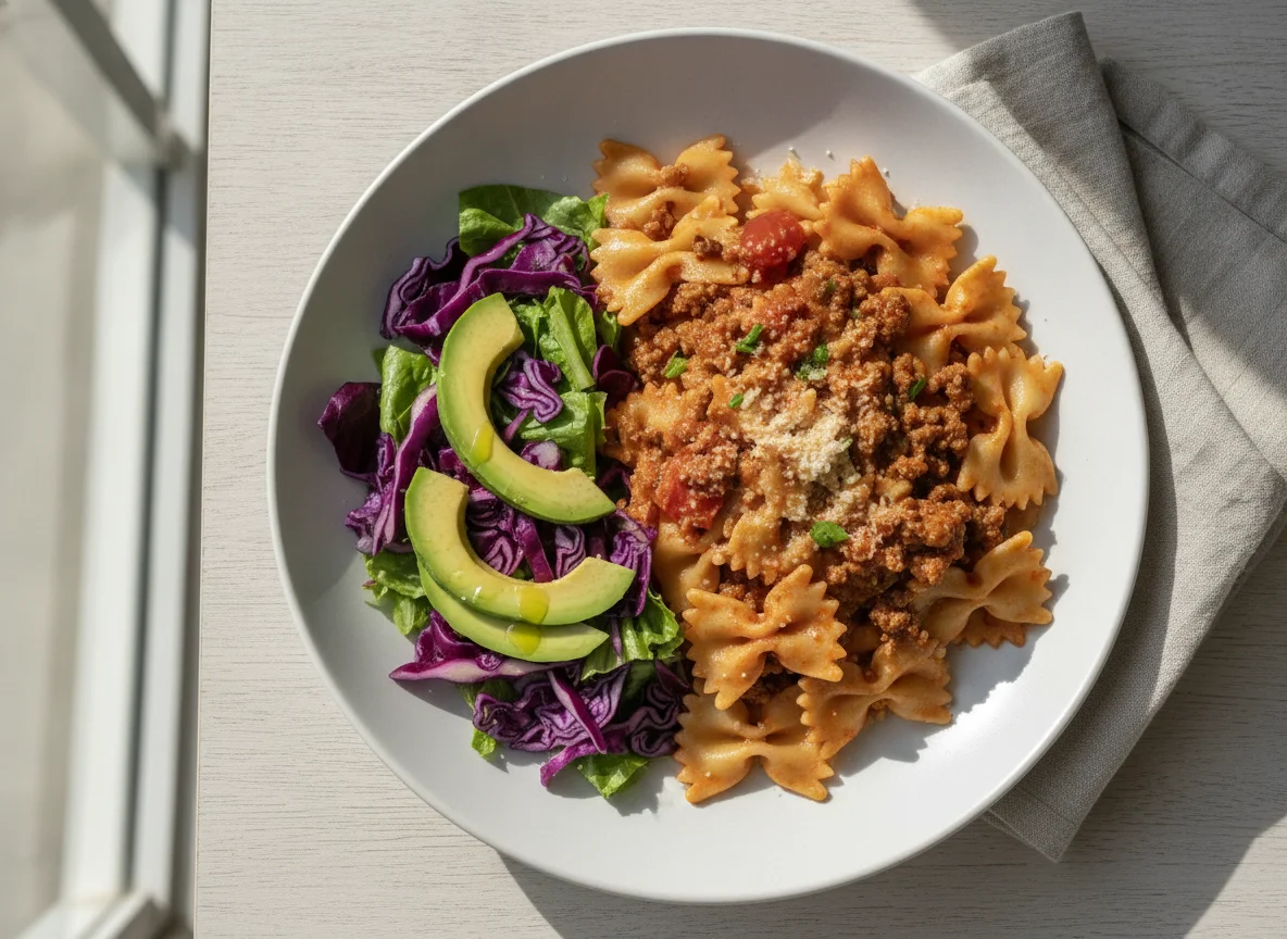 Pasta con salsa boloñesa, ensalada de repollo morado y palta photo