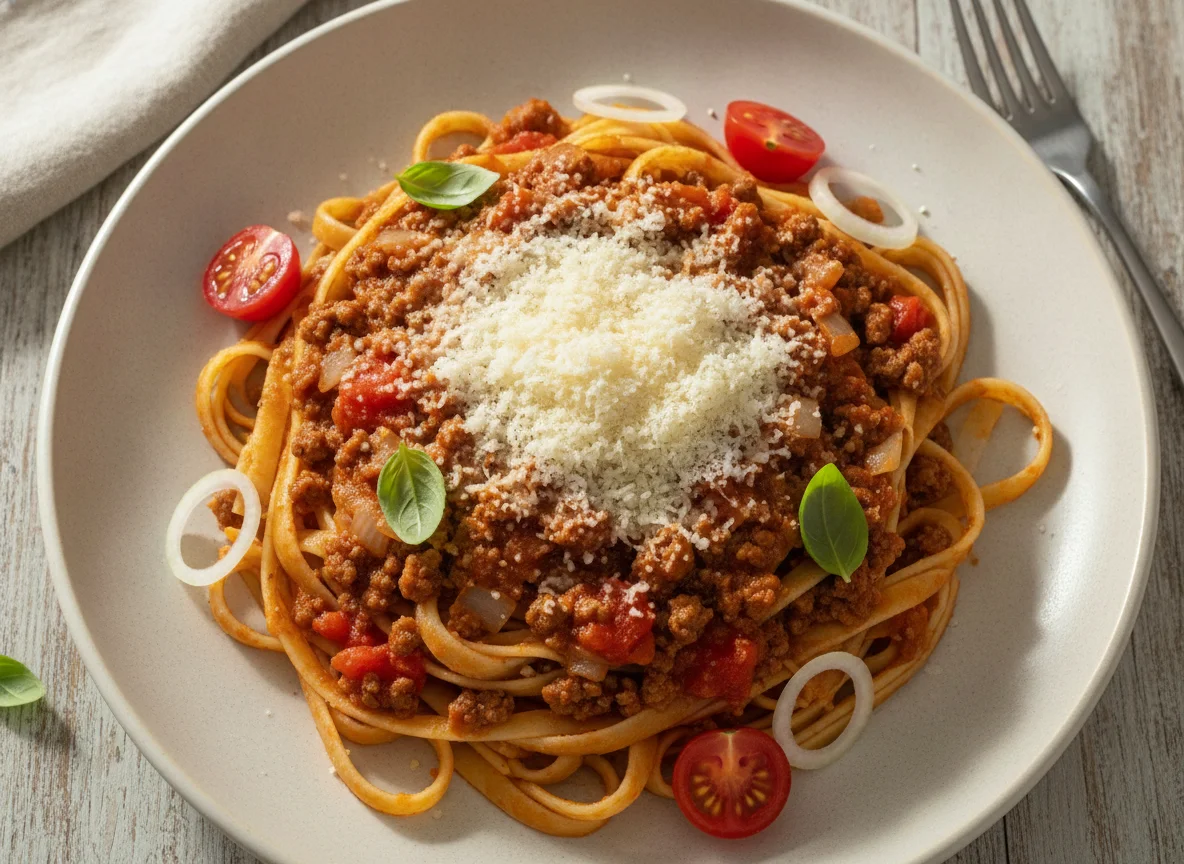 Pasta con salsa boloñesa, queso y vegetales photo