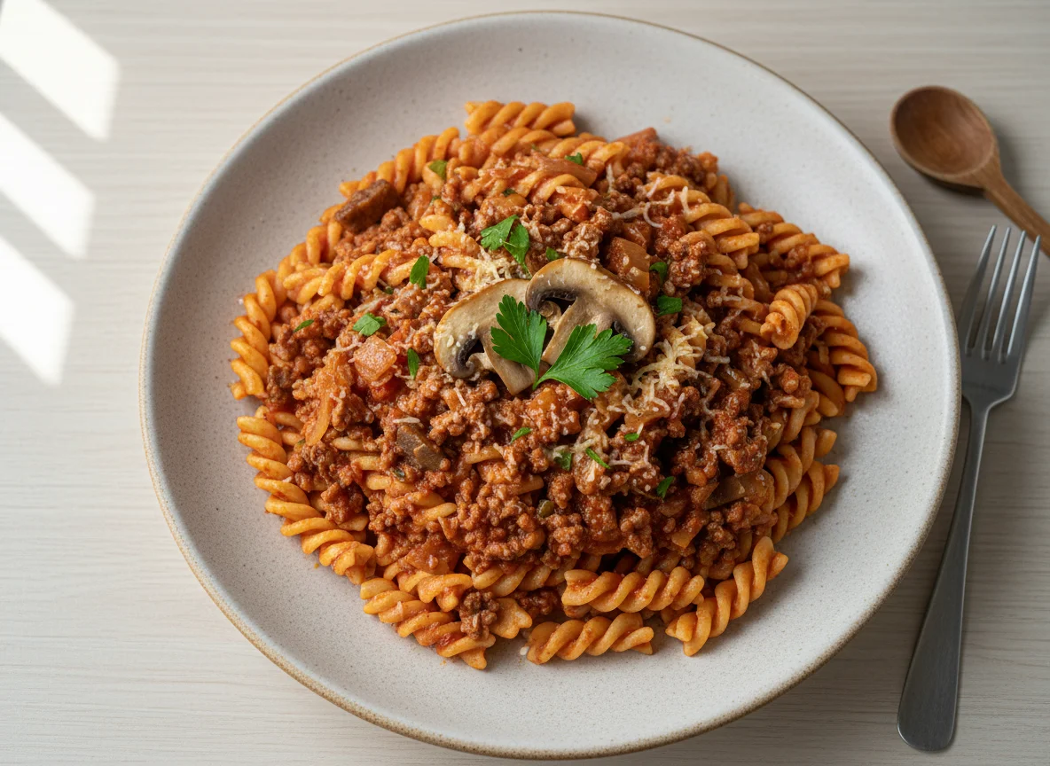 Pasta con salsa boloñesa y champiñones photo