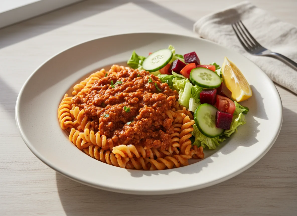 Pasta con salsa boloñesa y ensaladas photo