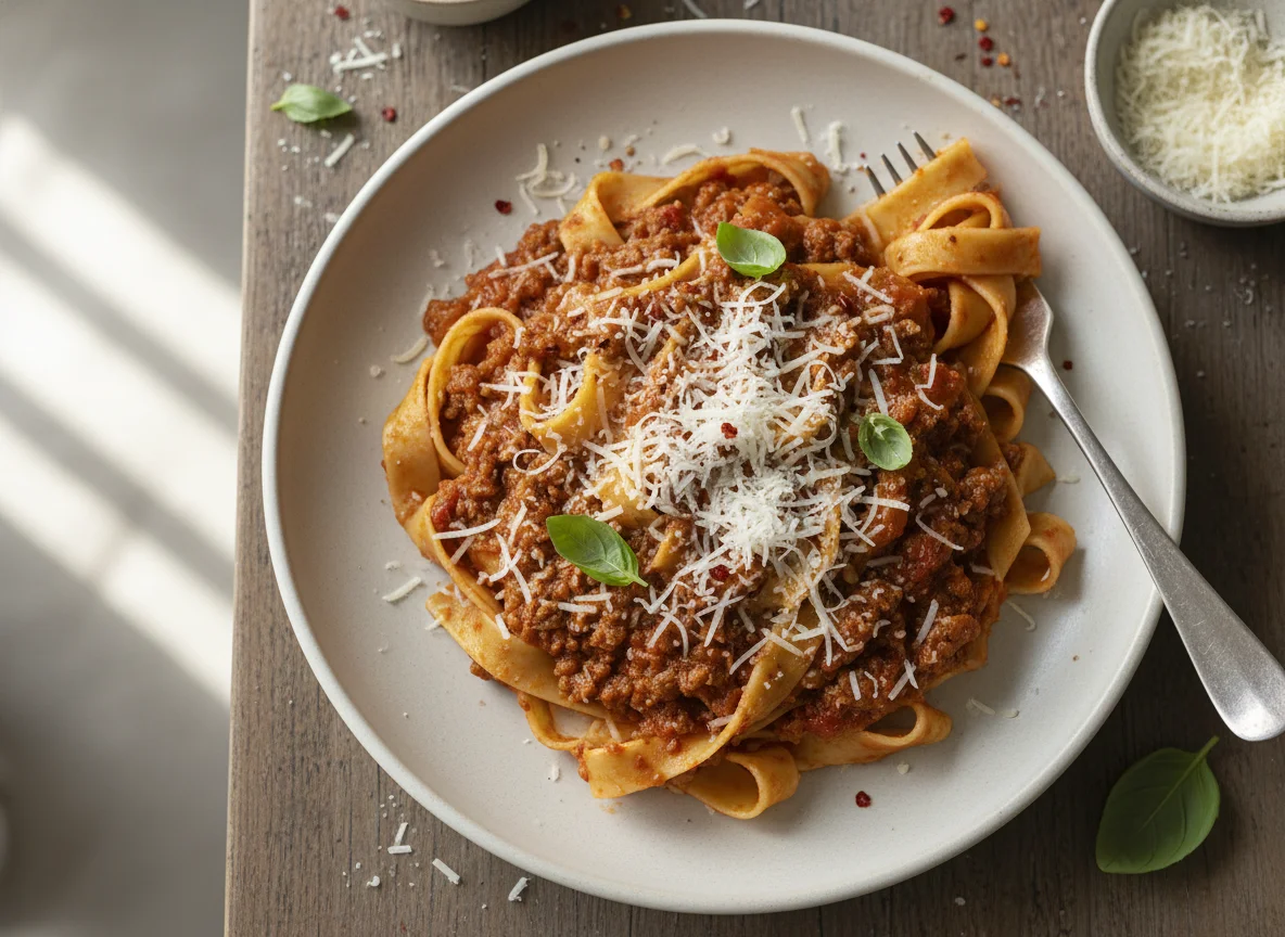 Pasta con salsa boloñesa y queso parmesano photo
