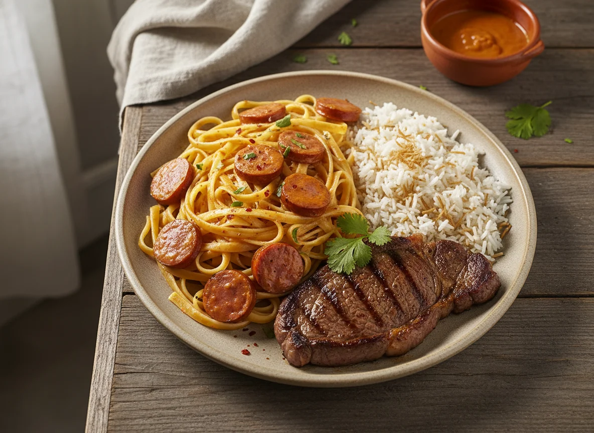 Pasta con salsa, carne y arroz photo