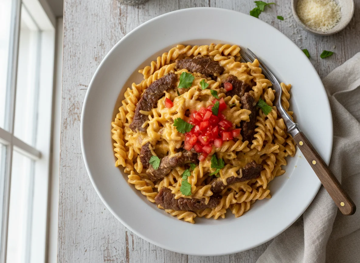 Pasta con salsa cremosa y carne photo
